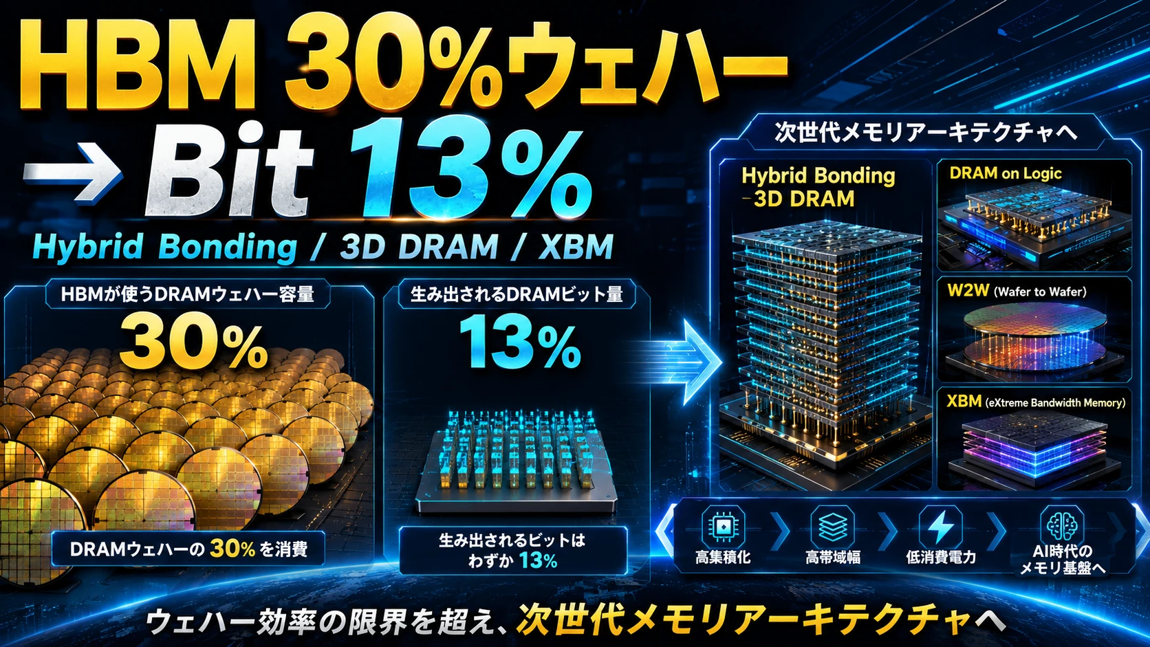 HBMの「30%のウェハーで13%のビット」の先にあるもの――Hybrid Bonding・3D DRAM・XBMへ