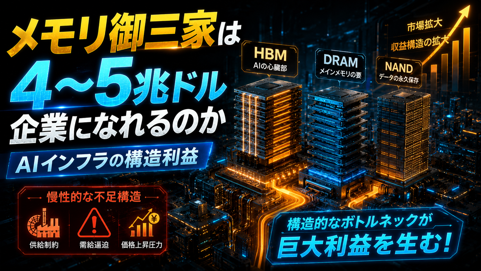 メモリ御三家はAIインフラの構造利益を取れるのか: HBM、DRAM、NAND不足と4兆ドル企業シナリオ