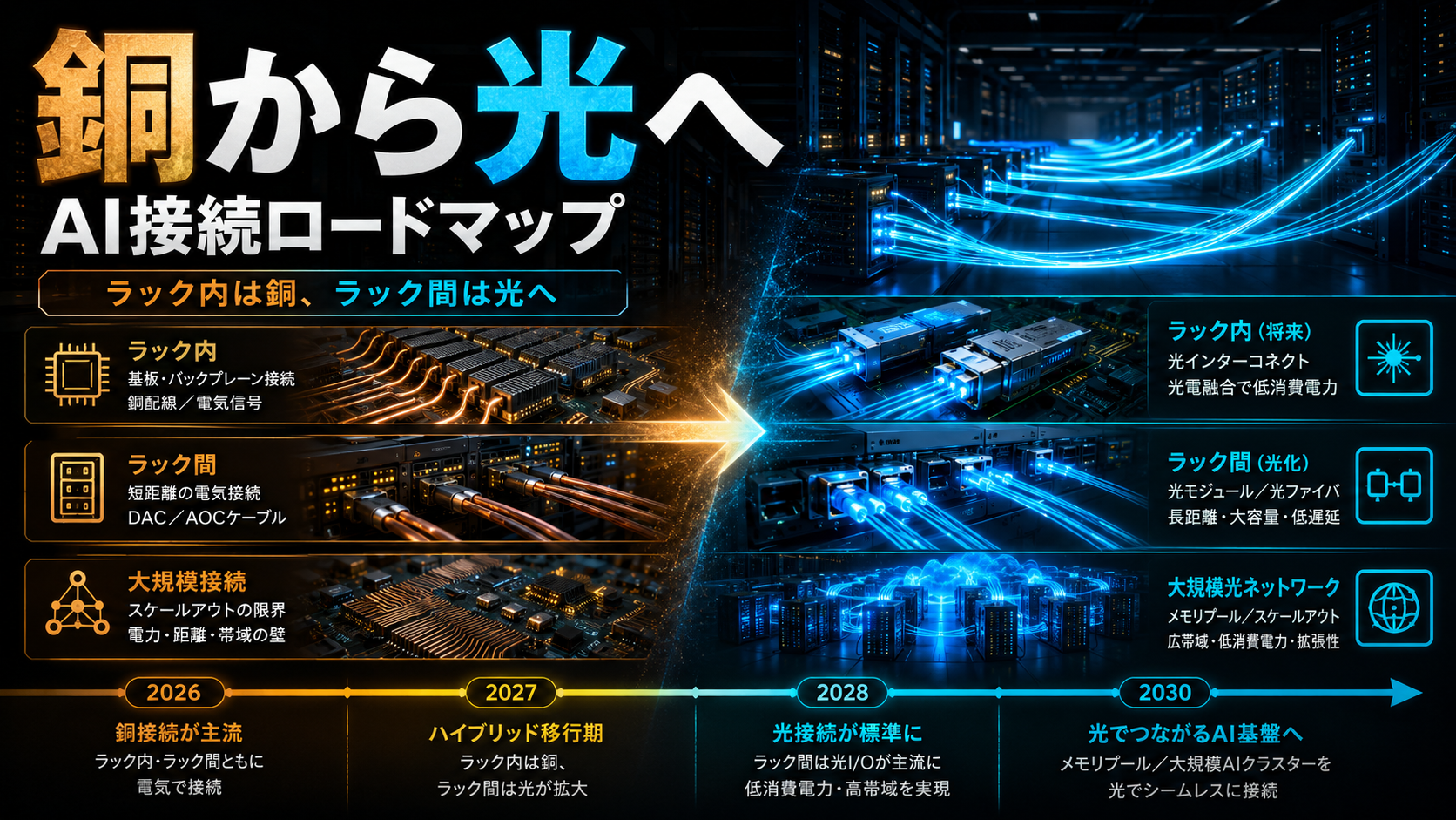 銅から光へ: NVIDIA・Marvell・Broadcomが争うAIデータセンター接続ロードマップ