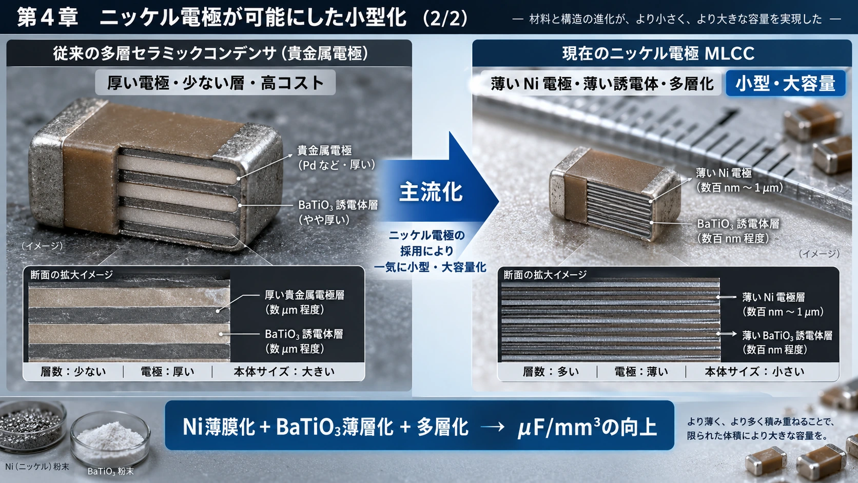 図解: 4.なぜ導体にNi、絶縁体にBaTiO₃が使われるようになったのか(2/2)