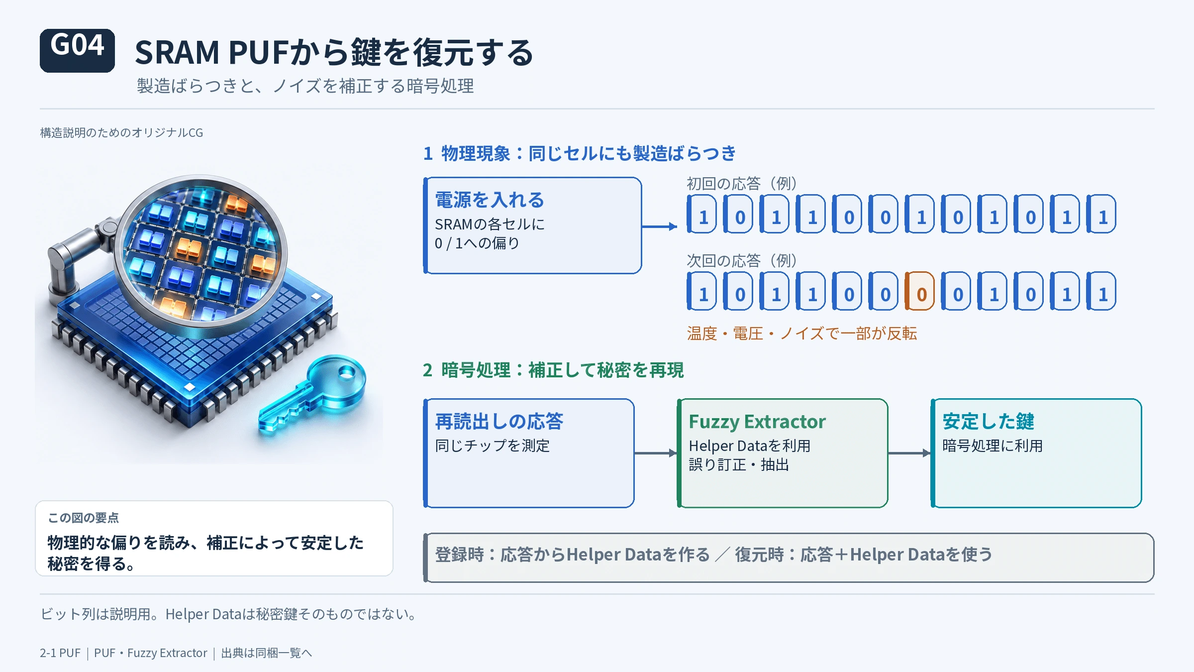 2-1 PUF――製造ばらつきを秘密情報の起点にするの図解(6)