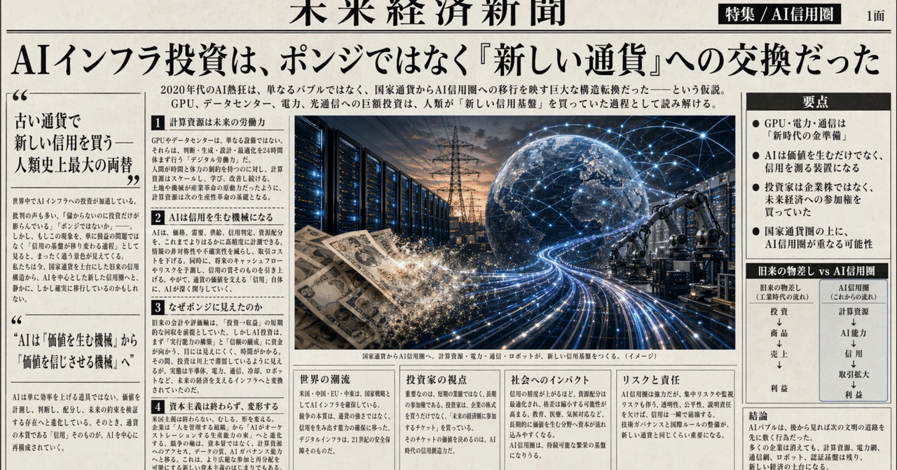 【架空記事】AIインフラ投資は、ポンジではなく「新しい通貨」への交換だったの見出し画像