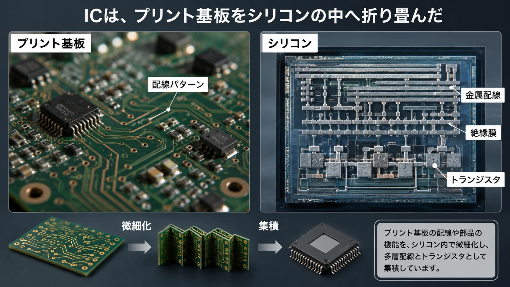 図解: 22.ICは、プリント基板をシリコンの中へ折り畳んだ(1/2)