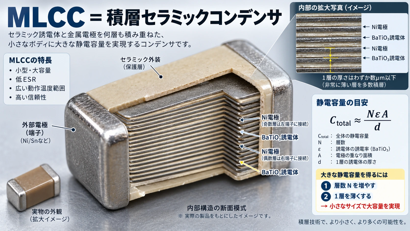図解: 3.MLCCはこの構造を何百、何千回も重ねる(1/2)