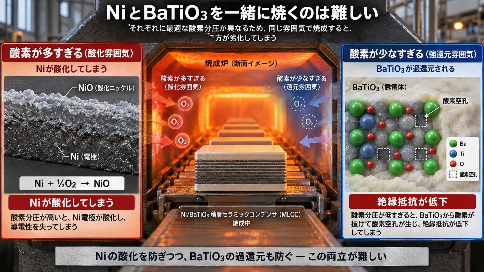 図解: 5.しかしNiとBaTiO₃を一緒に焼くのは非常に難しい(1/2)